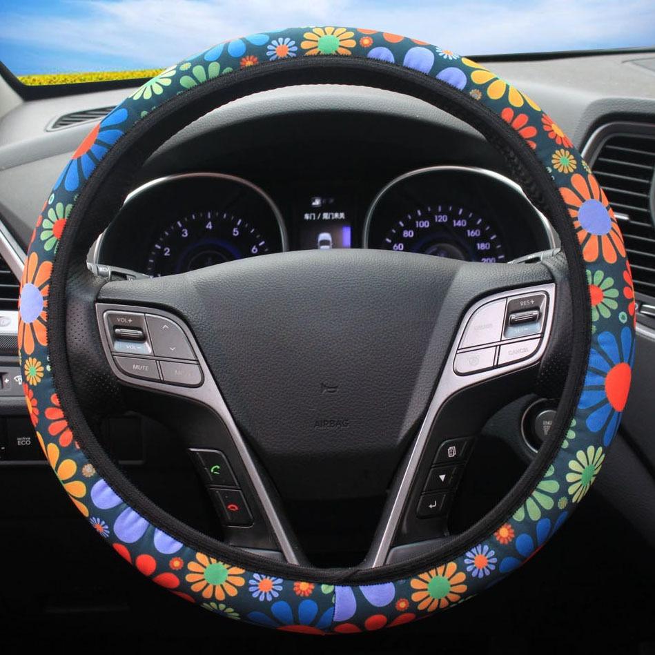 Colorful Sunflowers Car Steering Wheel Cover Elastic Band Water Washed Cloth Handle Car Steering Wheels & Accessories