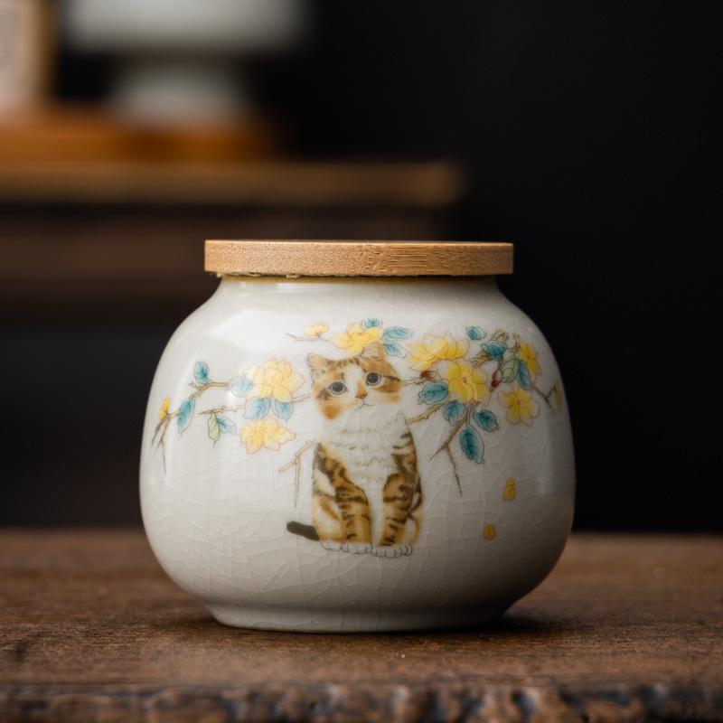 Ru Kiln Calligraphy Tea Canister Ceramic Mini Small Sealed Jar Pu er Red Green Tea Storage Tea Powder Canister Dried Fruit Moist