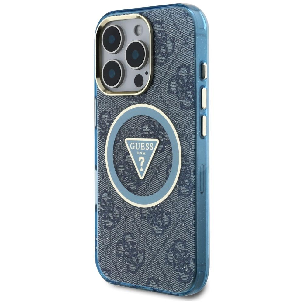 Guess IML Metal Glitter 4G Circle Triangle MagSafe Case for iPhone 16 Pro Max blue