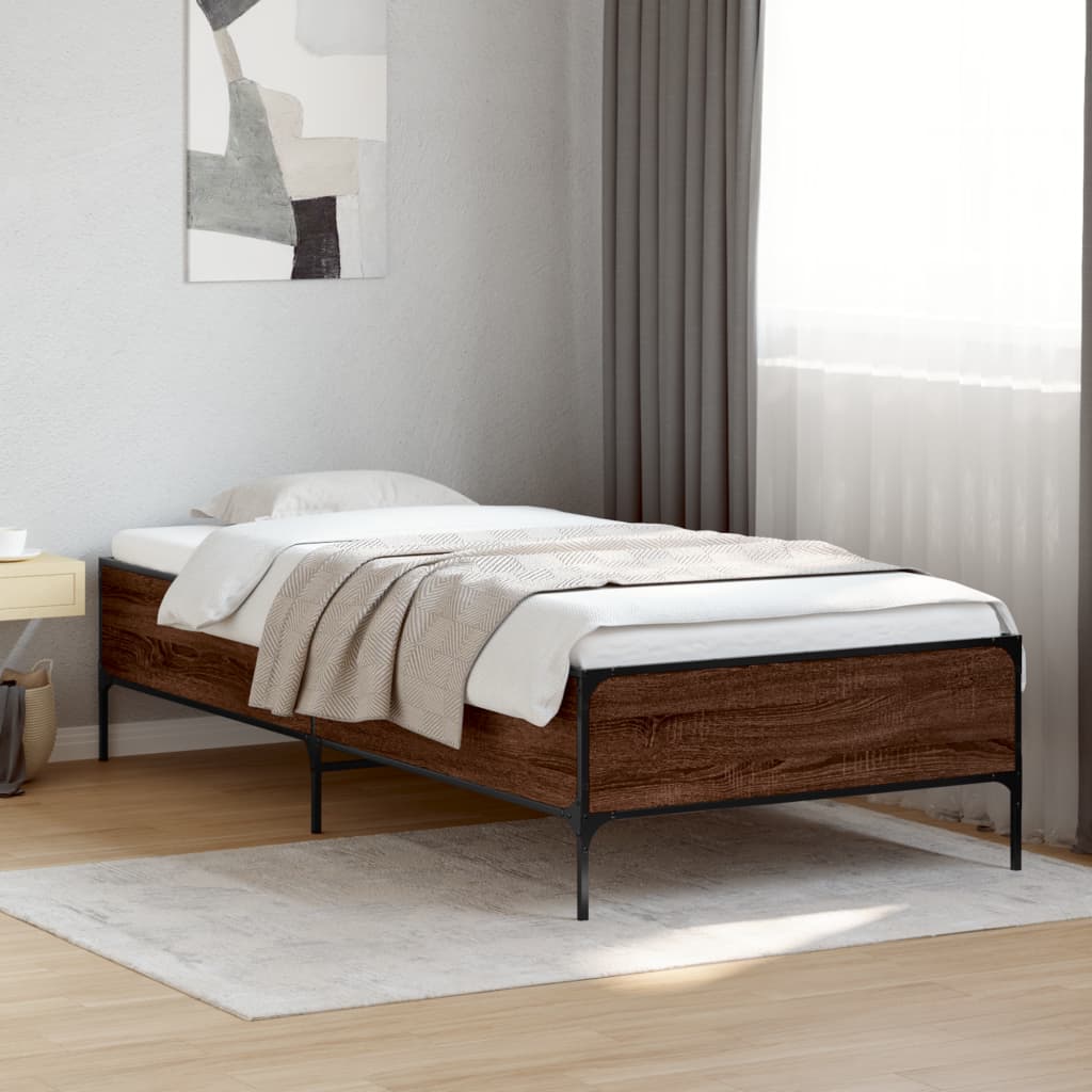 Brown Bed Frame with Oak Effect 75 X 190 Cm Wood Based Panel & Metal