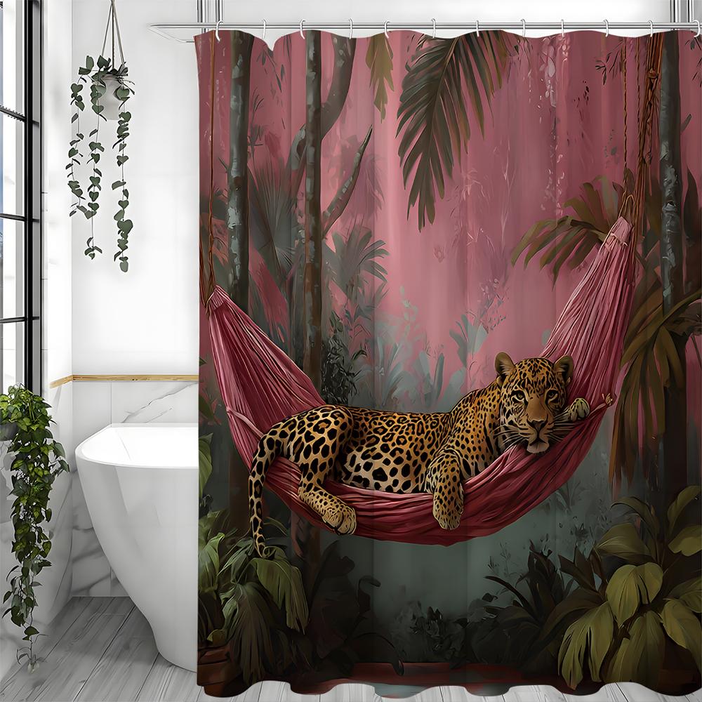 Cougar Shower Curtain with Trees Plants, Pink Background and Hanging Basket Bathroom Decorative Shower Curtain, Waterproof Showe