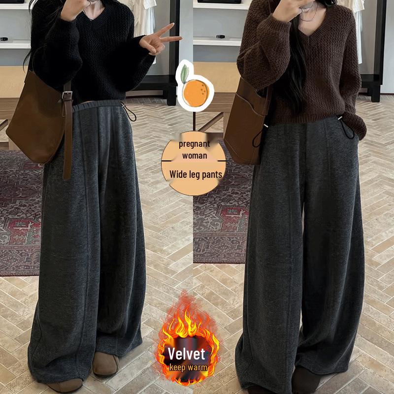 Plus Velvet Maternity Korean Style Loose Woolen Wide-Leg Pants 2XL