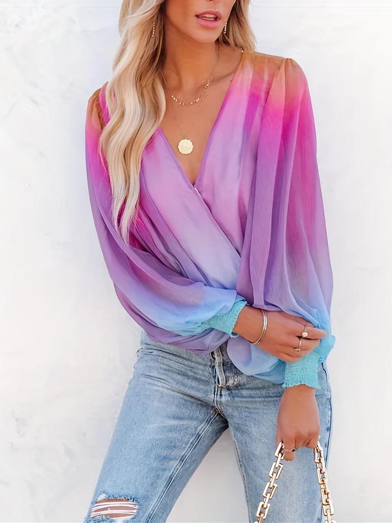 European & American Gradient Chiffon Sexy Printed Long-Sleeve Pullover Women's Shirt for Spring & Autumn