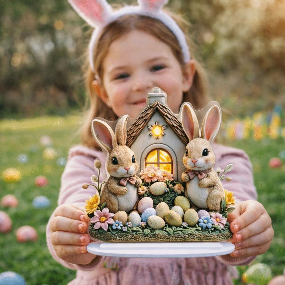 Easter Decor Easter Bunny Ornament 2D Flat Rabbit House Easter Party Desktop Ornament  Office Decor