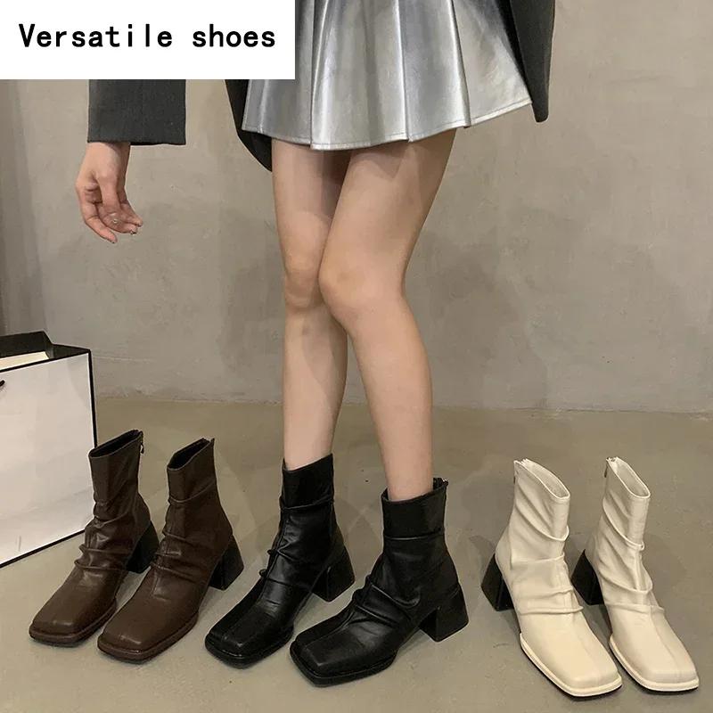 Herbst Winter Frauen Stiefeletten Fashion Square Toe Zurück Reißverschlüsse Schuhe Vintage Square Heels Damen Kurze Booties
