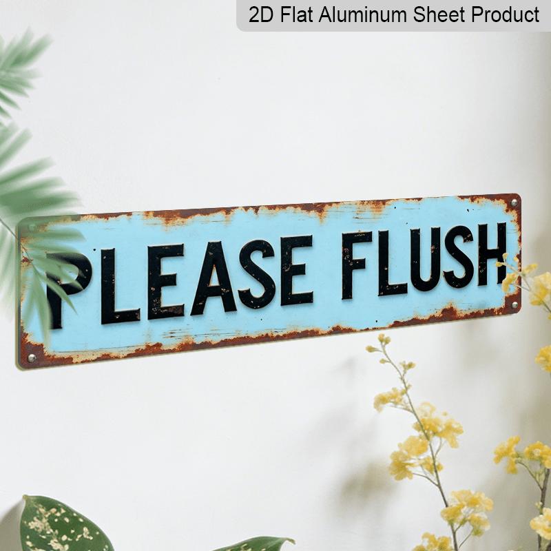 2D Flat, 1pc Rustic "Please Flush" Aluminium Decorative Sign - Vintage Bathroom Decor with Distressed Blue Background & Black Text, 15.7×3.94inch