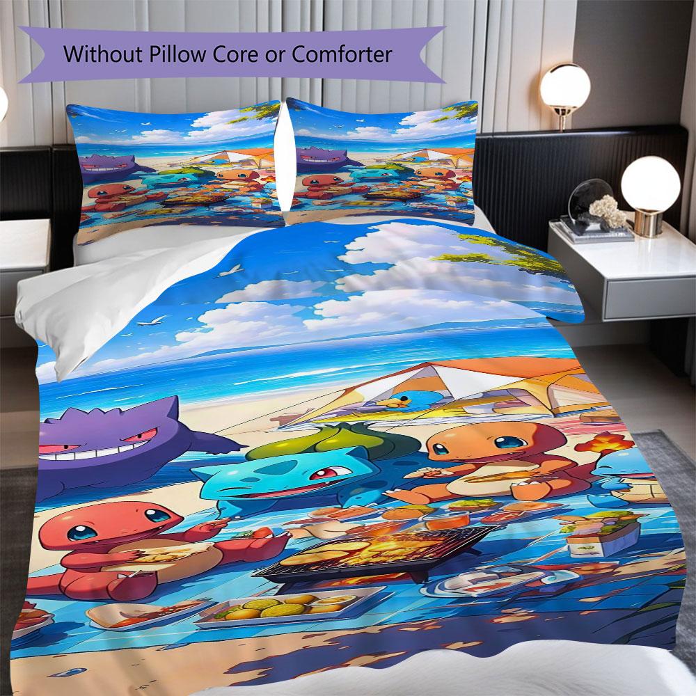 

3pcs Pokémon-print bedding set includes a duvet cover and a pair of pillowcases (filling not included), perfect for bedroom use. 135x200cm