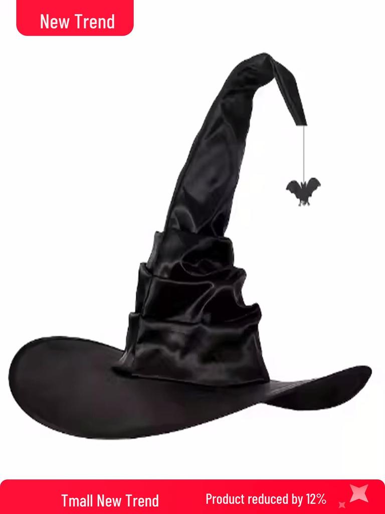 Black Pleated Witch Hat Costume Prop - One Size for Halloween Parties