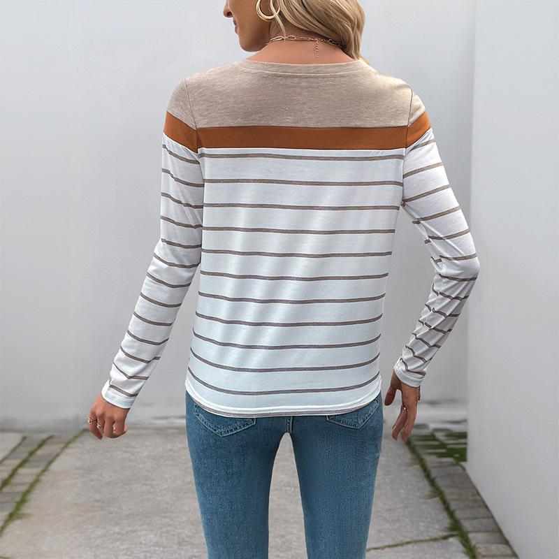A New Autumn Retro Casual and Simple Striped Long-sleeved T-shirt Top for Women