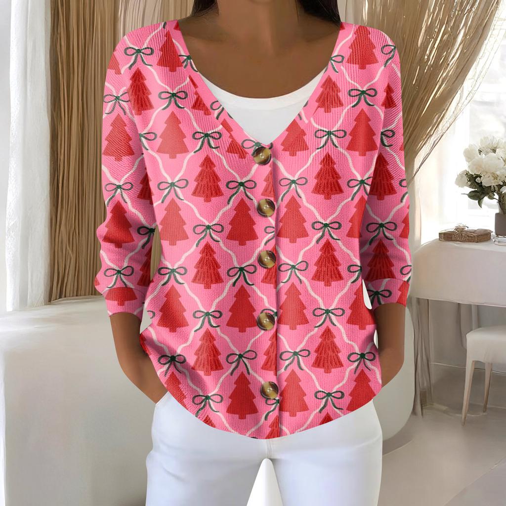 Cardigan con stampa a maniche lunghe con pupazzo di neve e fiocco di neve di Natale da donna