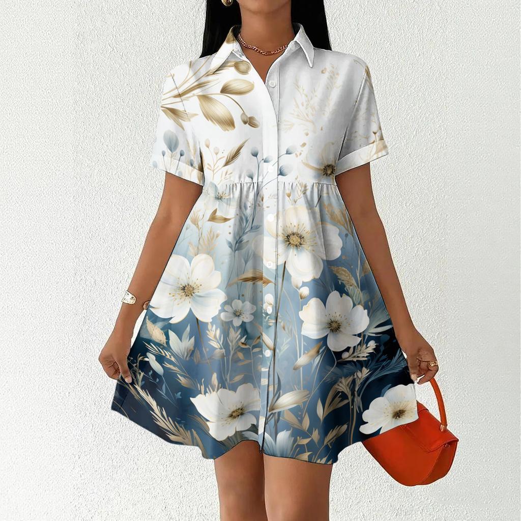 Women's Casual Loose Fit Shirt Dress Button Front Short Sleeve Turn Down Collar Dress with Printed Pattern Suitable for Daily Wear