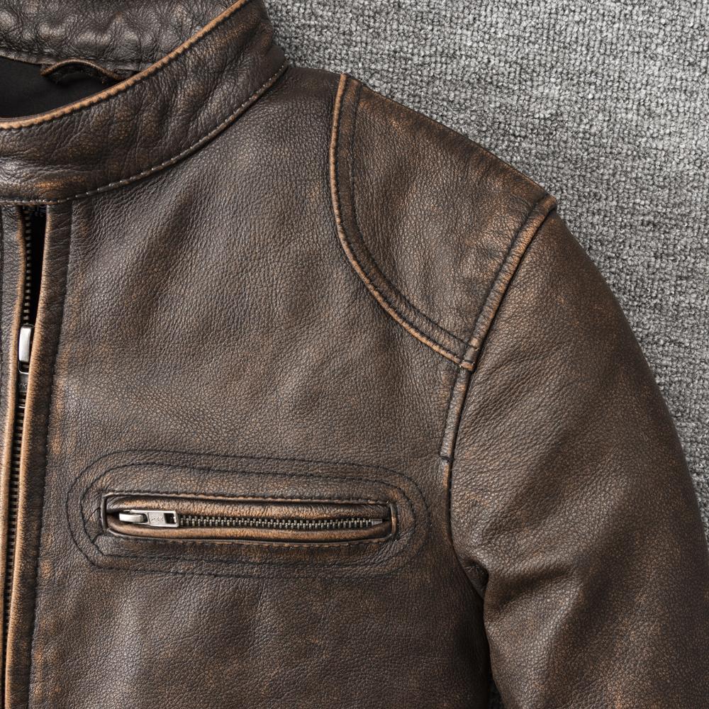 Vintage Yellow Brown Genuine Cow Men Leather Jacket Soft Slim Fit Short Slim Real Cowhide Bomber Coat Spring Autumn