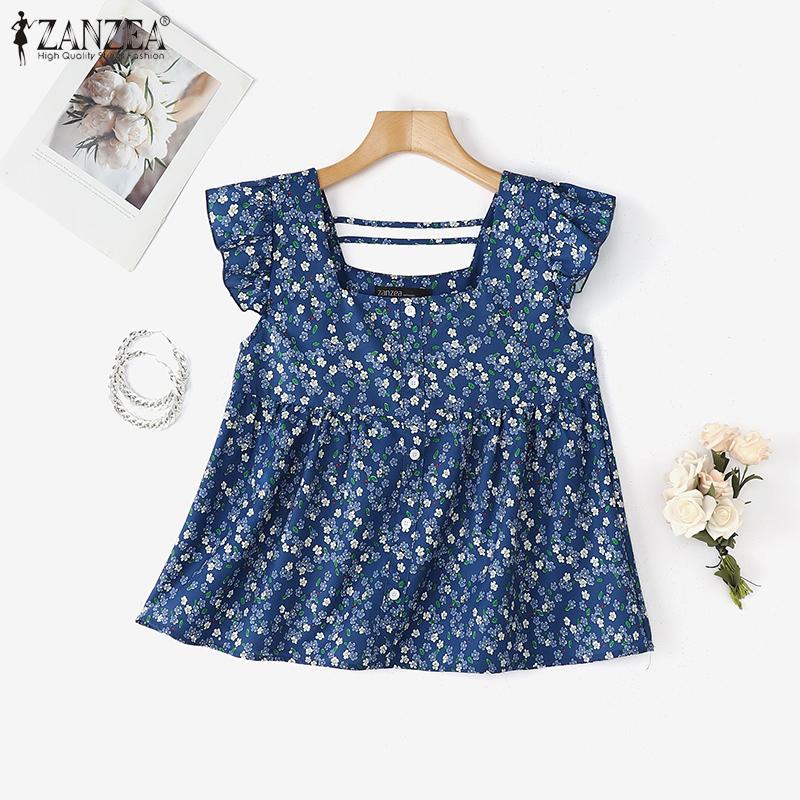 

ZANZEA Women Casual Square Collar Cap Sleeve Summer Floral Blouse S абрикосовый