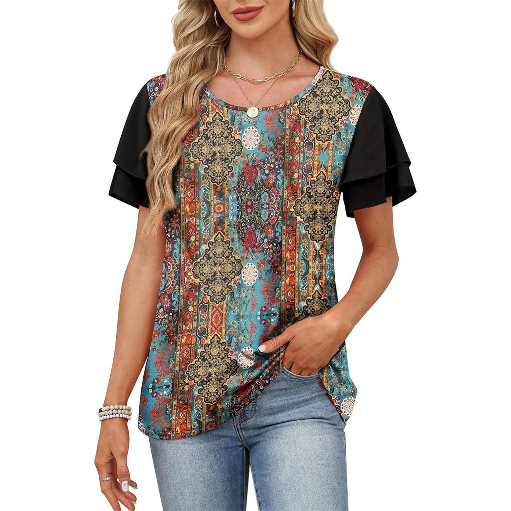 Womens Summer Fashionable Round Neck Printed Double-layer Short Sleeved Casual Pullover T-shirt Top