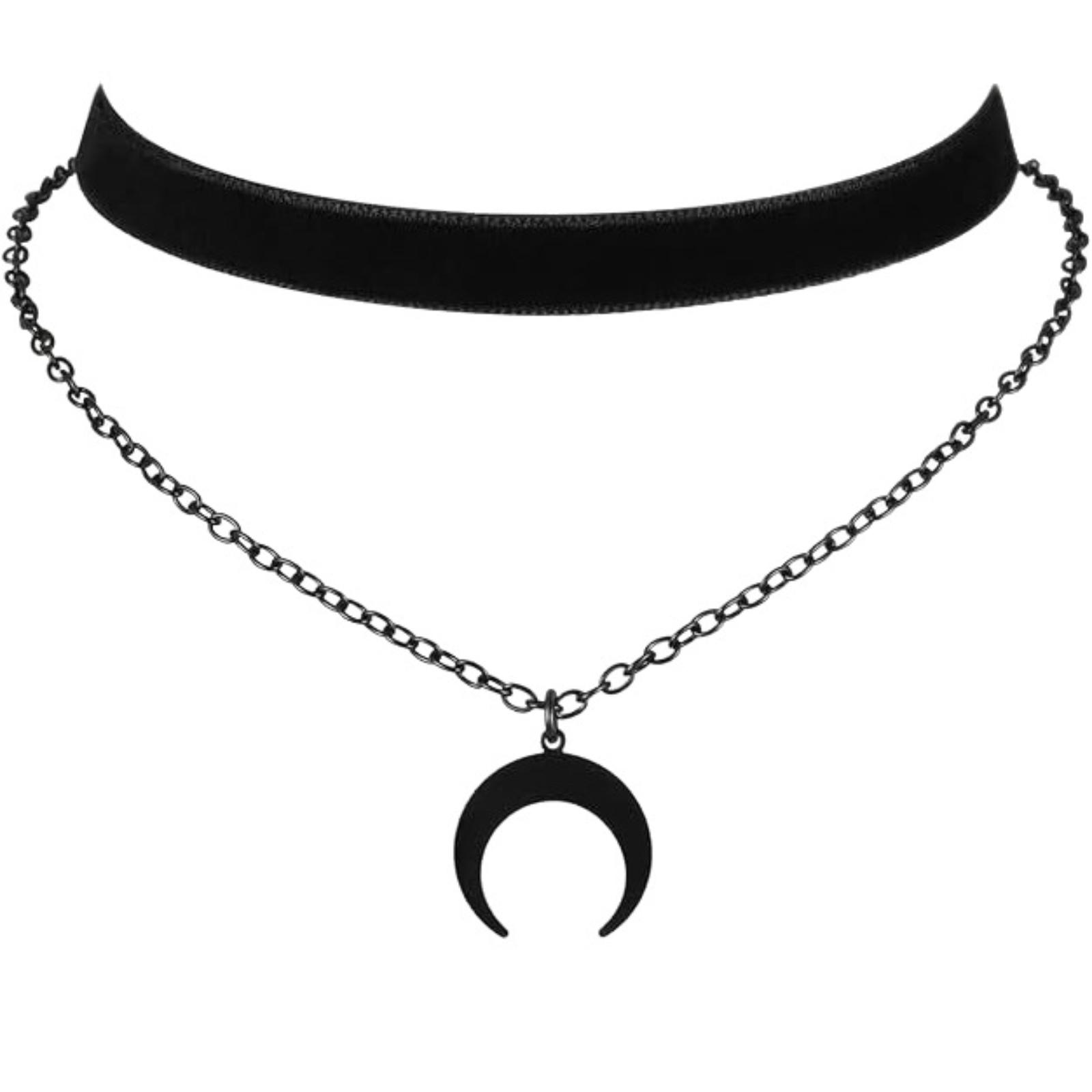 Бархатный чокер в темной тематике, Черный двойной чокер-полумесяц с рогами быка, Готический ошейник-ожерелье. One Size