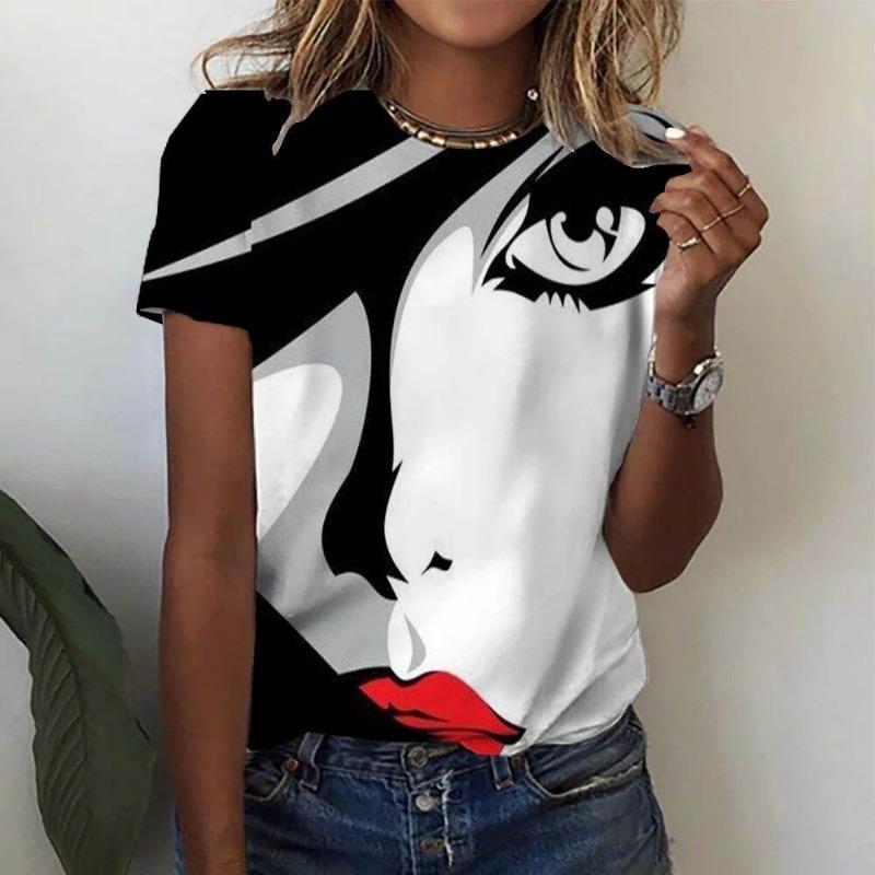 Women's round Neck Short Sleeve T-shirt Animal Print 3D Printing Street Style Loose Fit Summer Casual Wear Polyester Material