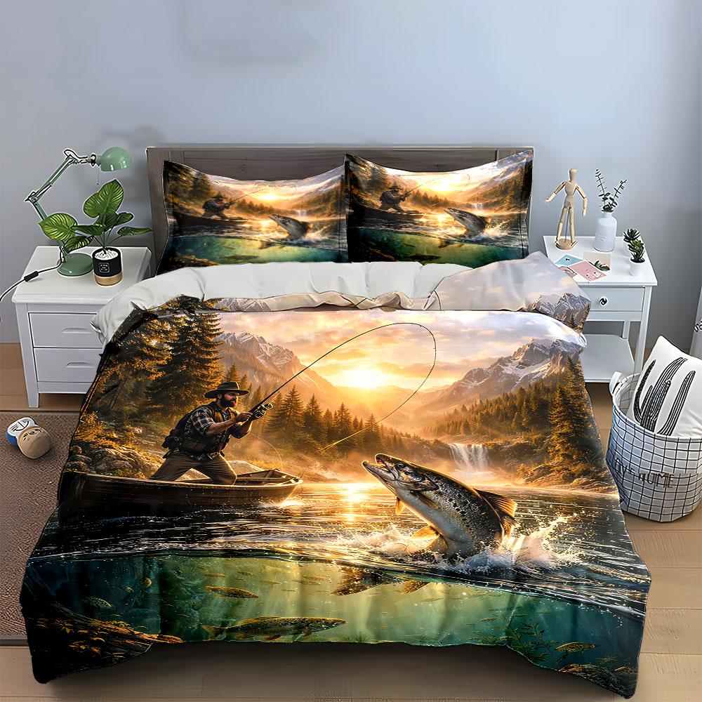 Fishing Adventure Nature Scene Bedding Duvet Cover Set Duvet Cover Pillowcases  (1*Duvet Cover 2*Pillowcases, without duvet insert)