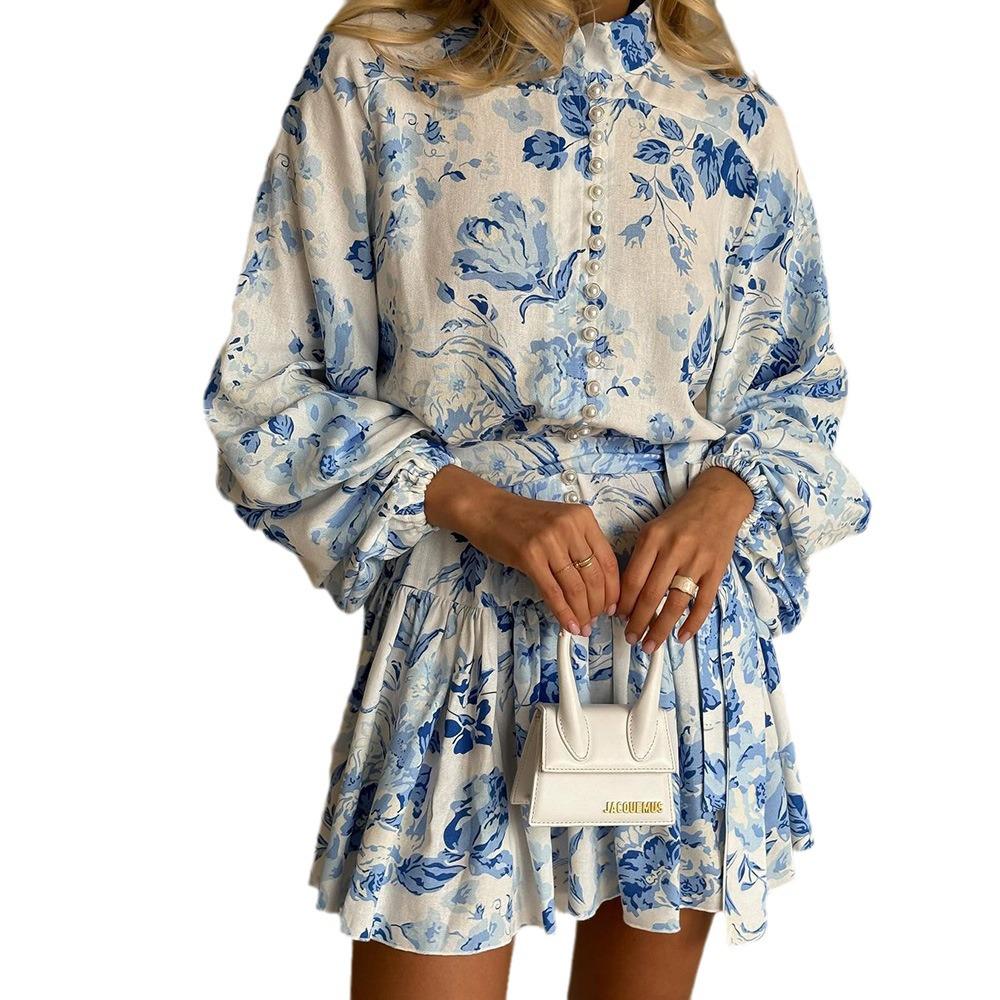 "2025 Spring/Autumn Retro Chinese Ink Print Puff Sleeve Dress"