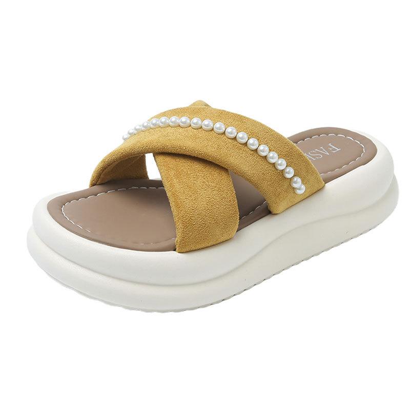 Dicksohlige, gekreuzte, coole Hausschuhe für Damen-Sommerbekleidung 2025 neu, französischer Stil mit Rock, Strand am Meer, Ein-Wort-Sandalen