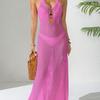 V-neck Fitted Backless Knitted Dress with Neck Strap Decoration and Open Side Slit Full-skirted Beach Dress for Women