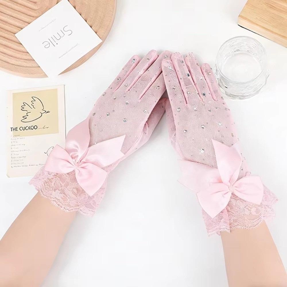 1 Pair Bow Knot Design Lace Gloves Full Finger Bridal Gloves Elegant Cosplay Gloves for Women