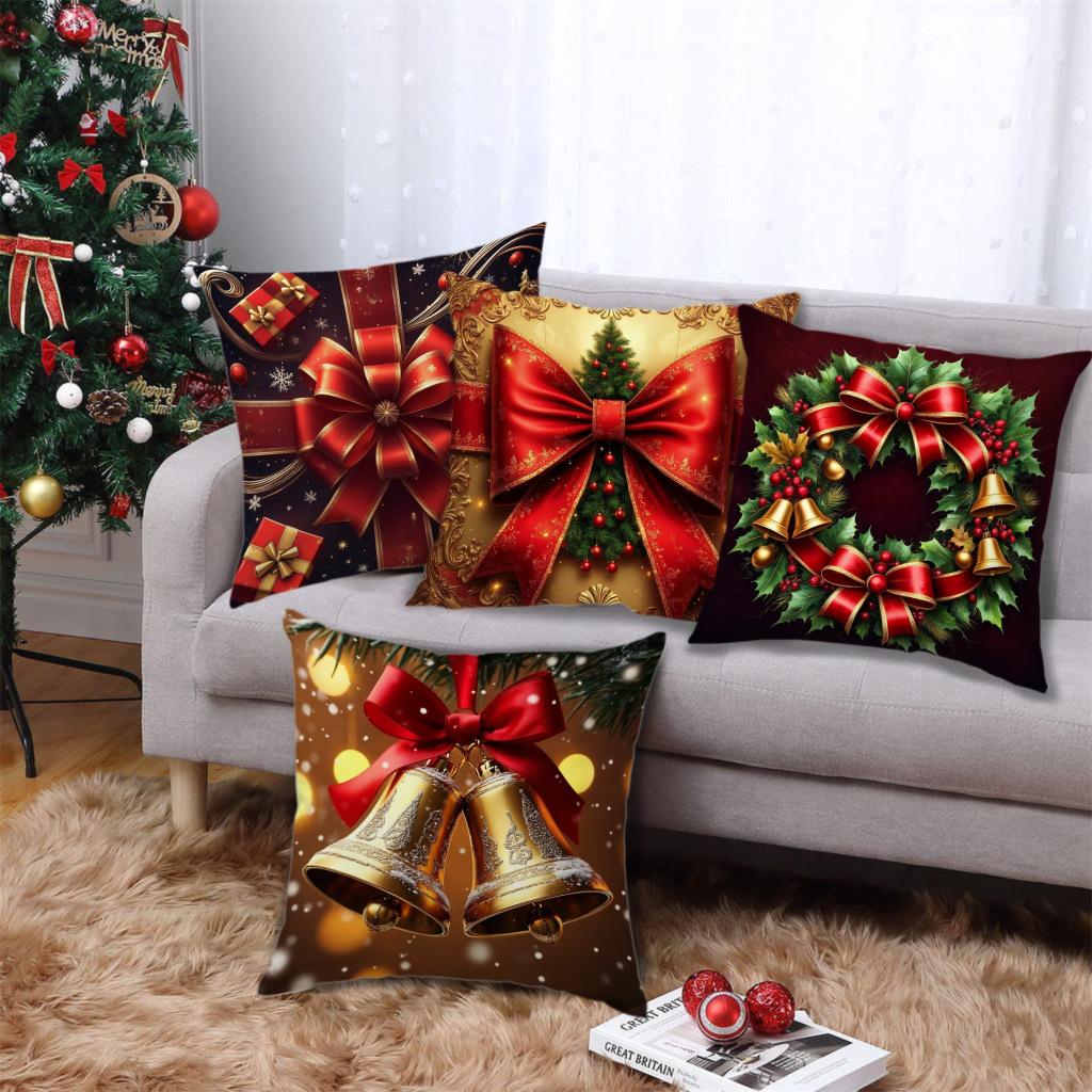 Christmas Pillowcase Holiday Bell Bow Element Decoration Sofa Atmosphere Decorative Linen Pillow