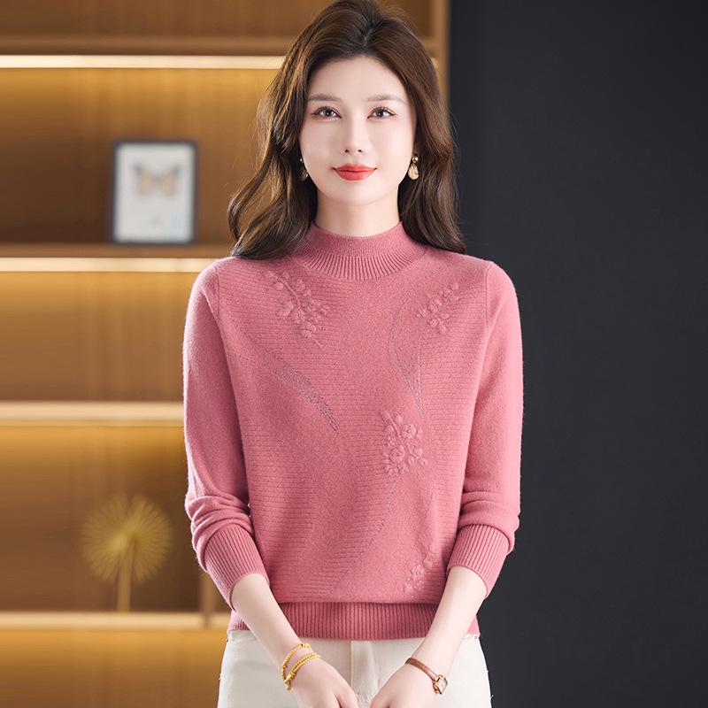 Autumn/Winter 100% Pure Wool Sweater for Mature Women - Knitted Base Layer with Stylish Embroidered Half-High Neck
