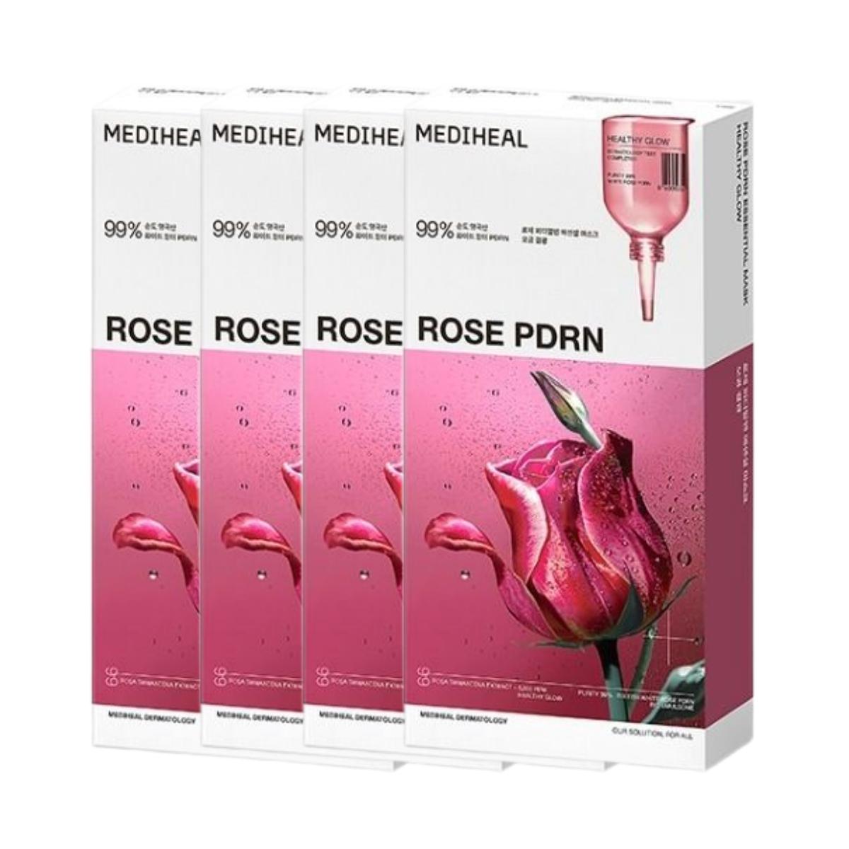 Mediheal Rose PDRN Essential Mask Sheet Radiant Skin Pack 10 Sheets 4 Boxes Set - Korean Skincare Brightening Face Mask