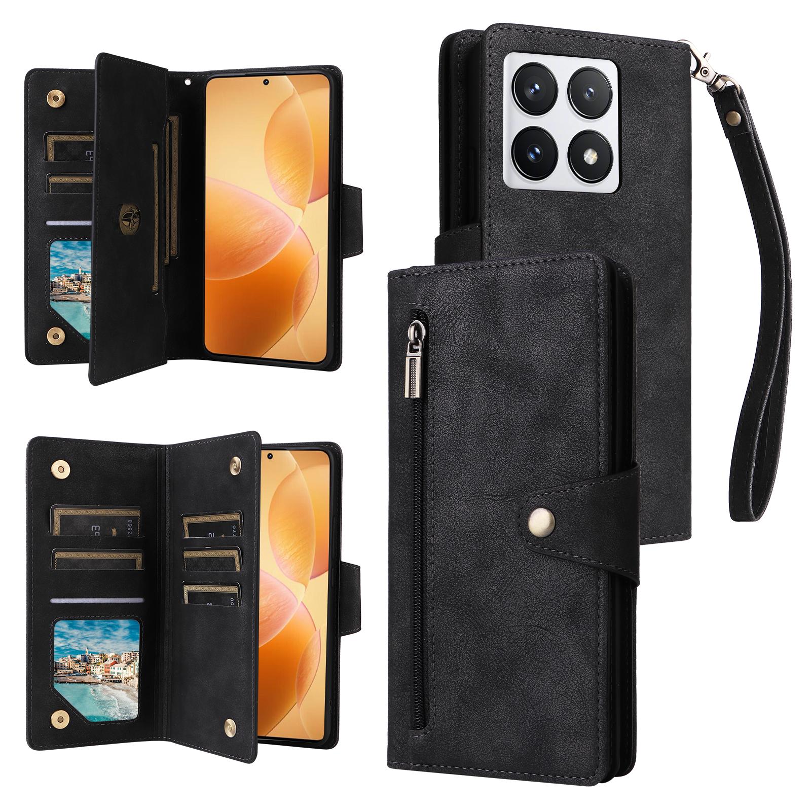 

For Xiaomi 14T Pro Case Zipper Wallet Rivet Decor Leather Phone Cover with Wrist Strap