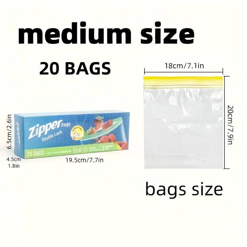 

15/20/30-count packs of double-lock zipper food storage bags. Leak-proof, thickened, reusable plastic bags help you effortlessly