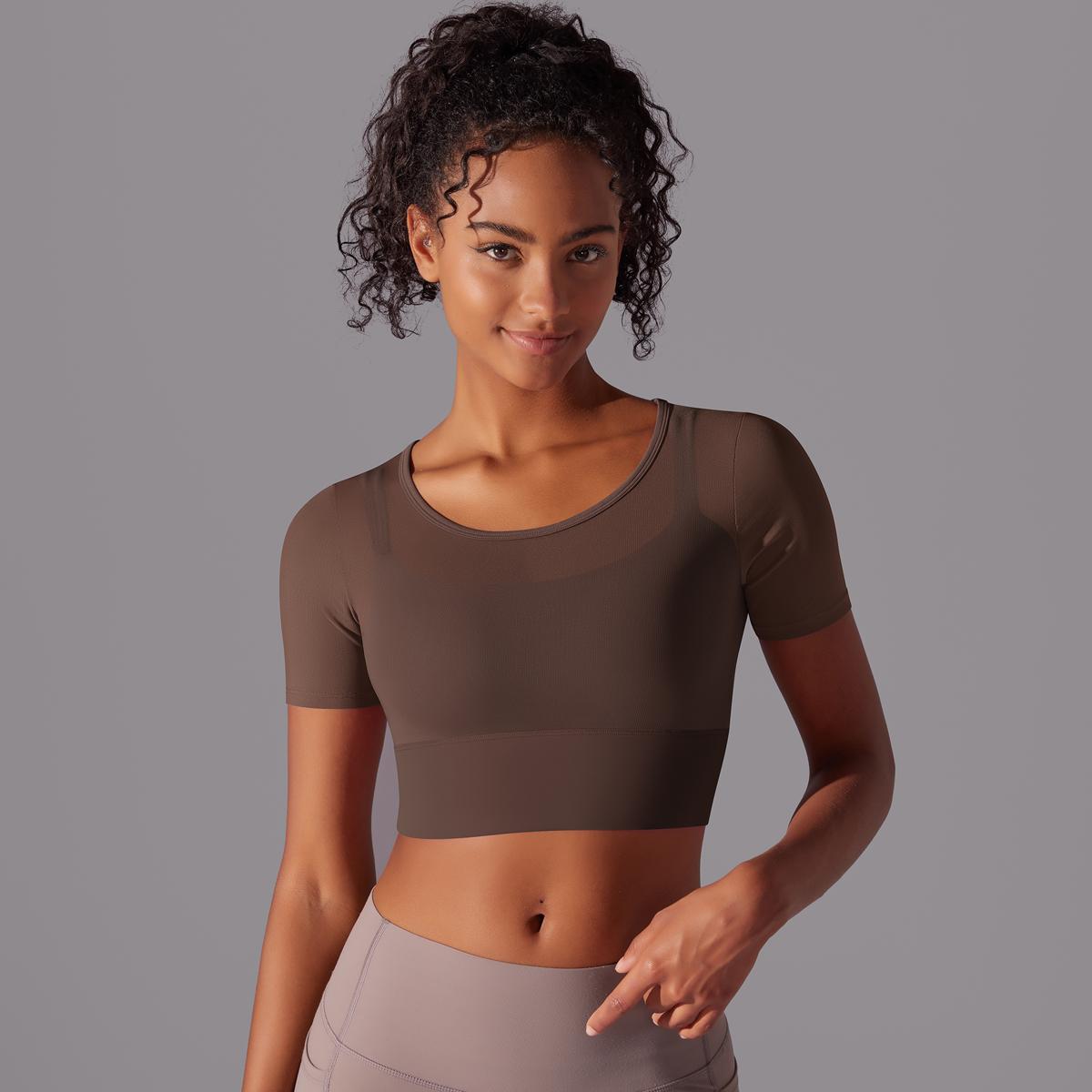 

Auroth Mesh Quick Dry Running Short Sleeve Top Women Summer Elastic Sports Shirts Fitness Short Sleeve Top S коричневый