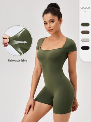 Women's Short Sleeve Square Neck Sports Bodysuit for Yoga and Running