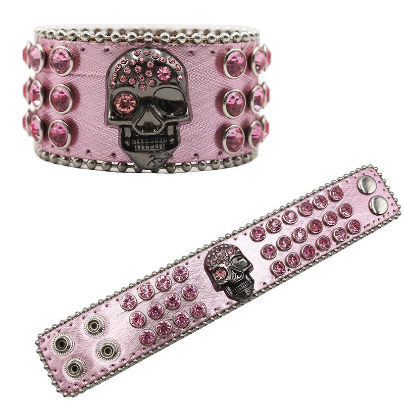 Hip-hop Punk Skull Buckle Rhinestone Bracelet Design European and American Popular Diamond-encrusted PU Leather Bracelet