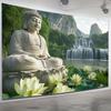 Serene Buddha with Waterfall and Lotus Tapestry  Perfect for Adding Peaceful and Spiritual Style to Any Room Decorfor Home Use