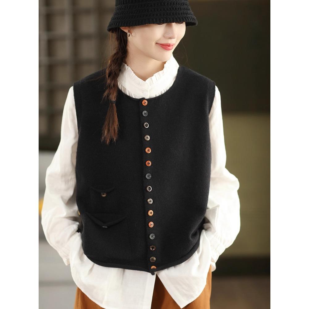 Dimanaf 2025 Autumn Women Sleeveless Buttons Vest Sweaters Style Loose Knitting Casual Sweater