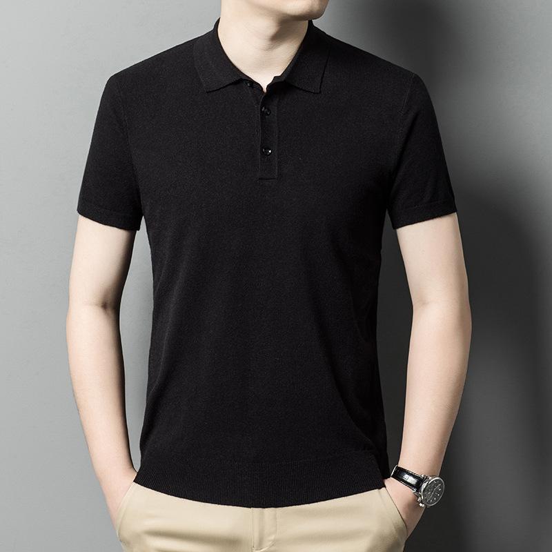 

Мужская тонкая рубашка поло с лацканами, однотонная трикотажная футболка с короткими рукавами, высококачественный средний и тонкий свитер с короткими рукавами 4XL чёрный