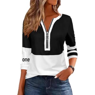 Top elegante de mujer con cremallera y estampado de manga larga, estiloso y versátil para otoño e invierno, uso casual y de oficina, lavable a máquina