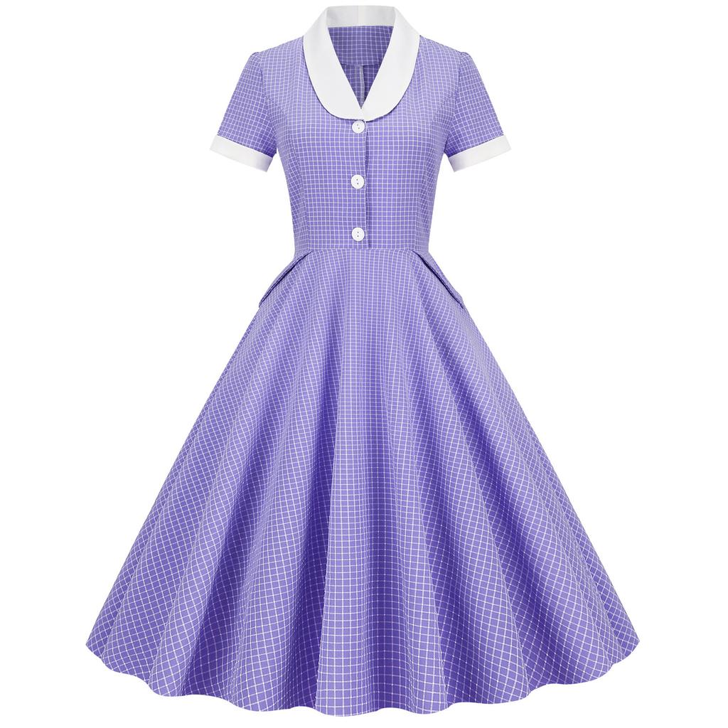 Hepburn style retro plaid skirt, court waist light dress, contrasting colors, understanding performance clothes, large pendulum medium and long dress