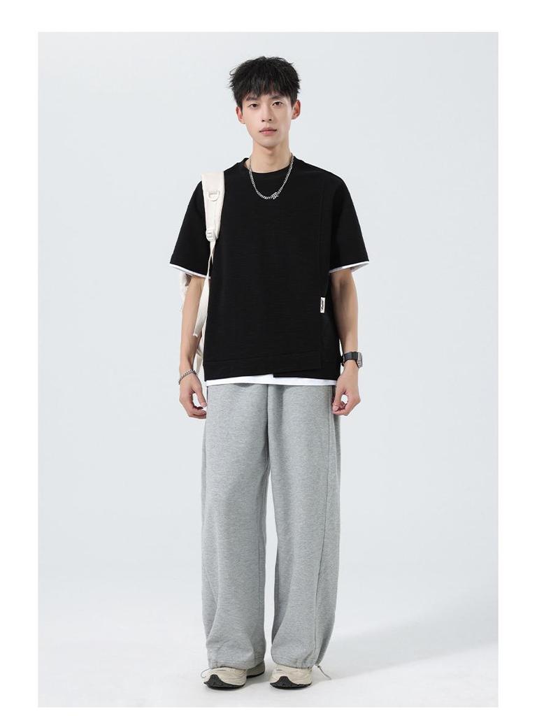 Men's Summer Two-Piece Loose Bamboo Pattern Heavyweight T-Shirt