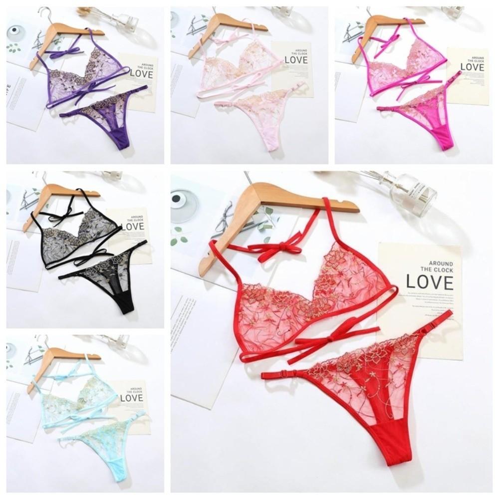 Thin Belt Thong Sheer Flower Thong Bra Set Embroidery Underwear for Women Romantic Night