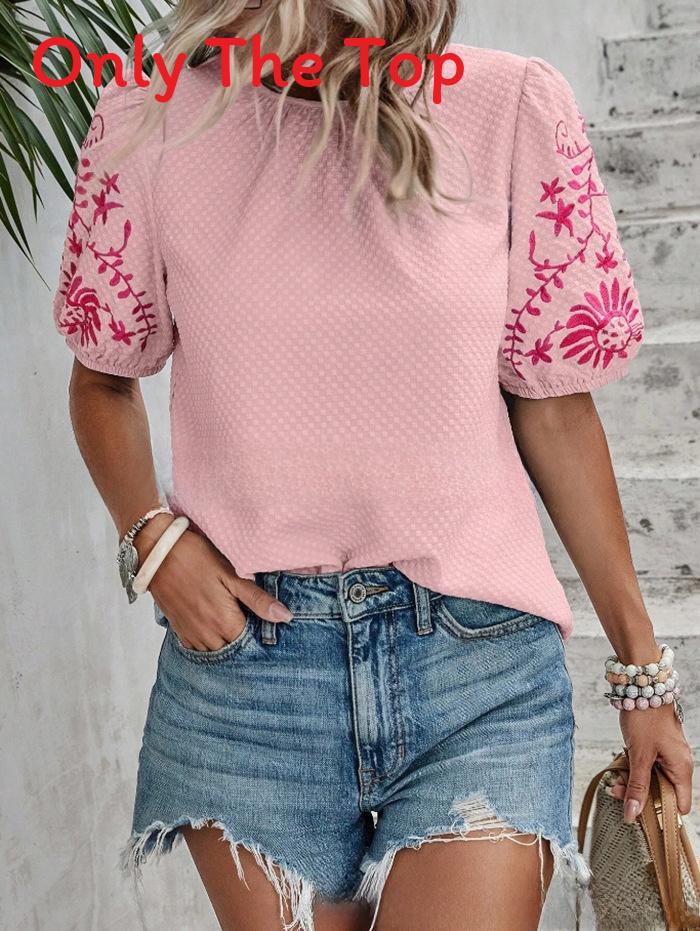 Elegante Blusa Ricamata Floreale con Maniche a Bolla per Abbigliamento Casual Primaverile