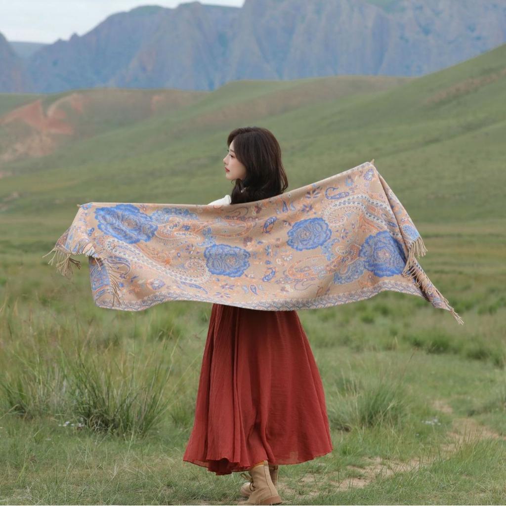 Shawl, Ethnic Style, Yunnan Travel Outfit, Summer Bohemian Faux Cashmere Scarf, Literary Cashmere Cape