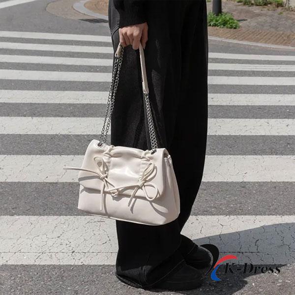 Loving Ribbon Leather Chain Shirring Square Flap Crossbody Shoulder Bag (4 Colors)