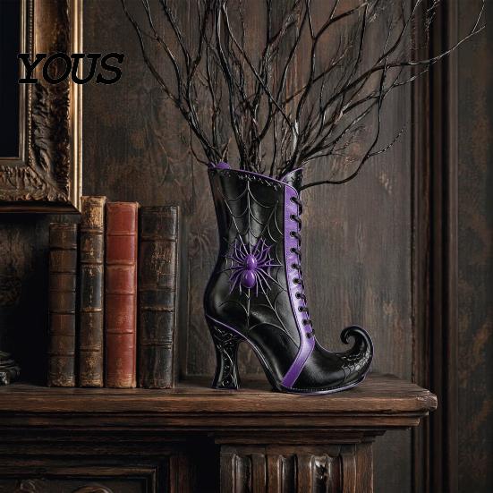 Halloween Themed Floral Display Vessel Witch Boot Vase, Gothic Spider Web Flower Black Decorative Vase with Purple Accents Table