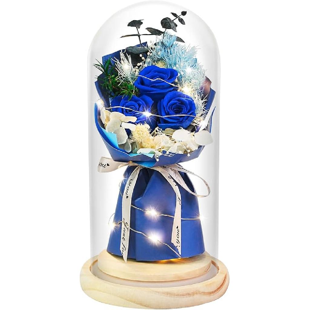 HVY Preserved Flowers Gifts for Her,Preserved Rose Bouquet In Glass Dome,Forever Flowers Fresh Bouquet Present for Women Mothers Day Birthday Gifts