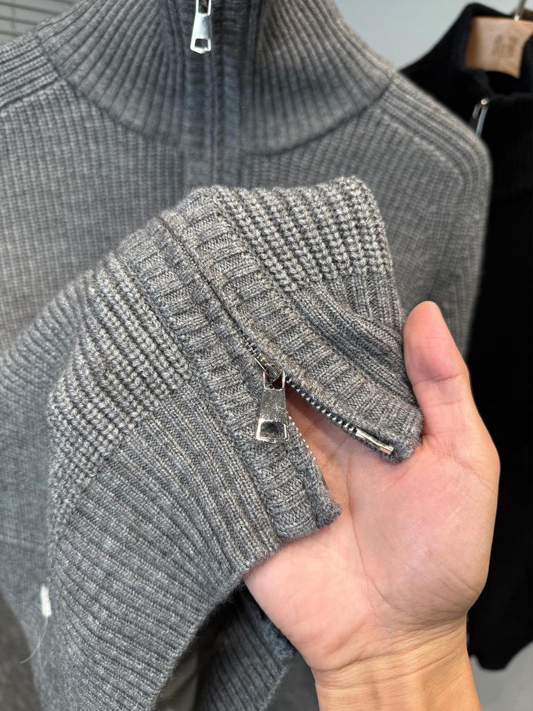 Men's Double Zipper High Neck Cardigan Knit Sweater - Autumn/Winter 2025 Trendy Casual Outerwear
