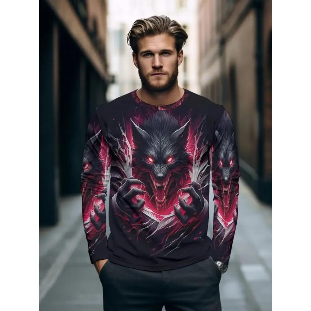 Spring Autumn Fashion Comfortable Loose Soft Casual Versatile Round Neck Long Sleeve T-shirt Creative Fun Animal Geometry 3D Printed Men's T-shirt