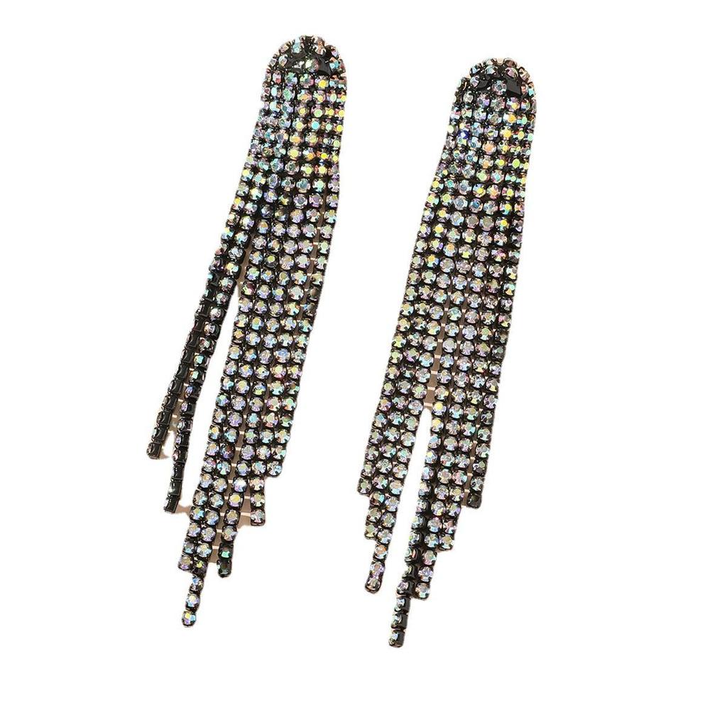 European & American Glam Rhinestone Tassel Long Earrings for Evening Events