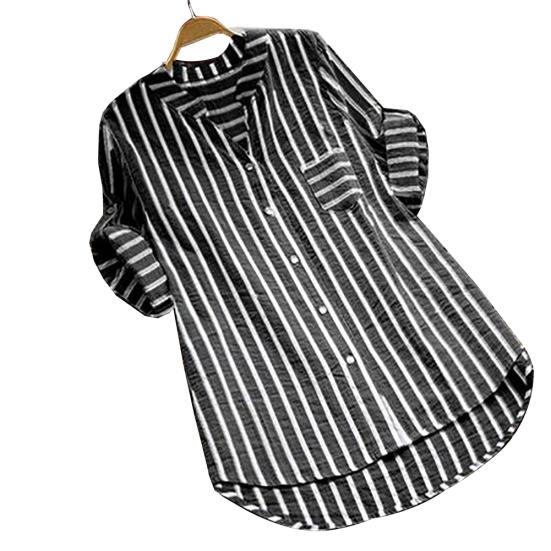 Fashion Women Vertical Stripe V Neck 3/4 Sleeve Button Loose Casual Shirt Blouse