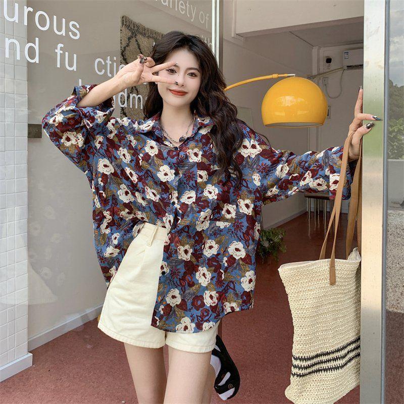 Port-style Floral Shirt for Women Retro Long-sleeved Loose and Lazy-style Printed Top Coat